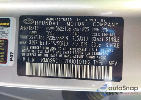 2013 Hyundai Santa Fe Limited из США, поврежденный, VIN KM8SRDHF7DU010162